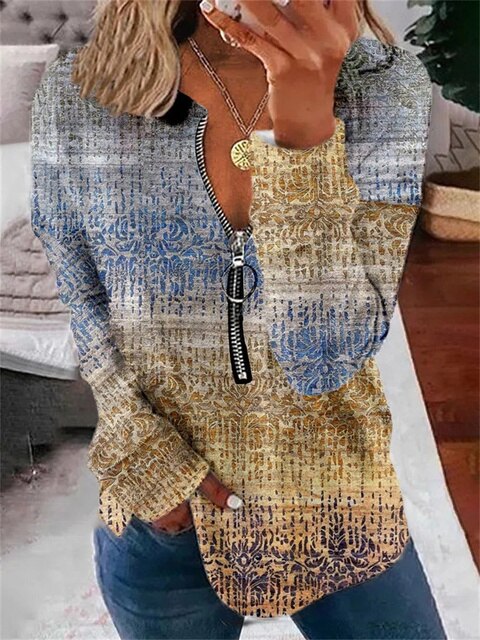 Őszi hosszú ujjú női felső vintage mintával és cipzárral – Milara
