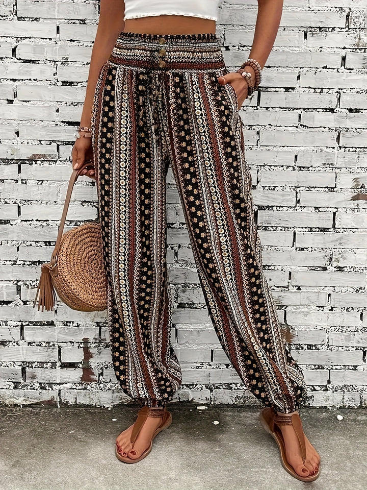 Boho magas derekú női nadrág mintával és ráncolt derékkal – Linara