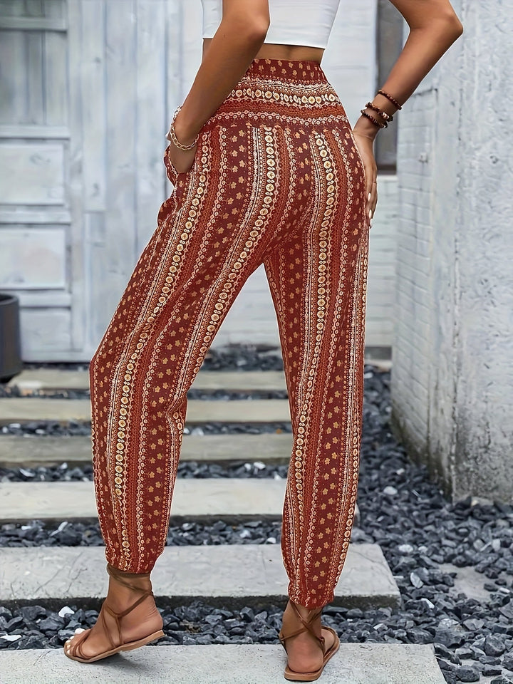 Boho magas derekú női nadrág mintával és ráncolt derékkal – Linara