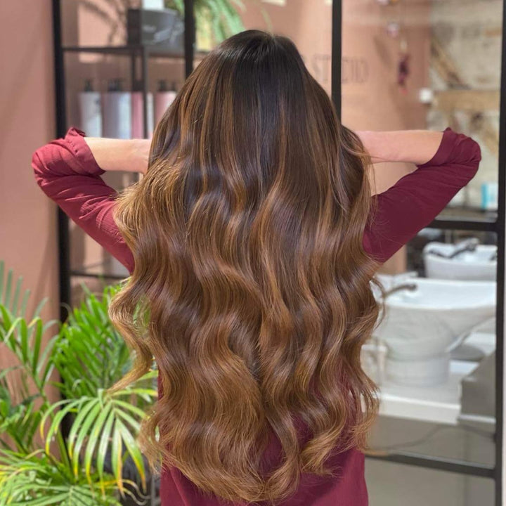 Tape-in Hairextensions – Veloura Tape (Meleg barna balayage 2+7)