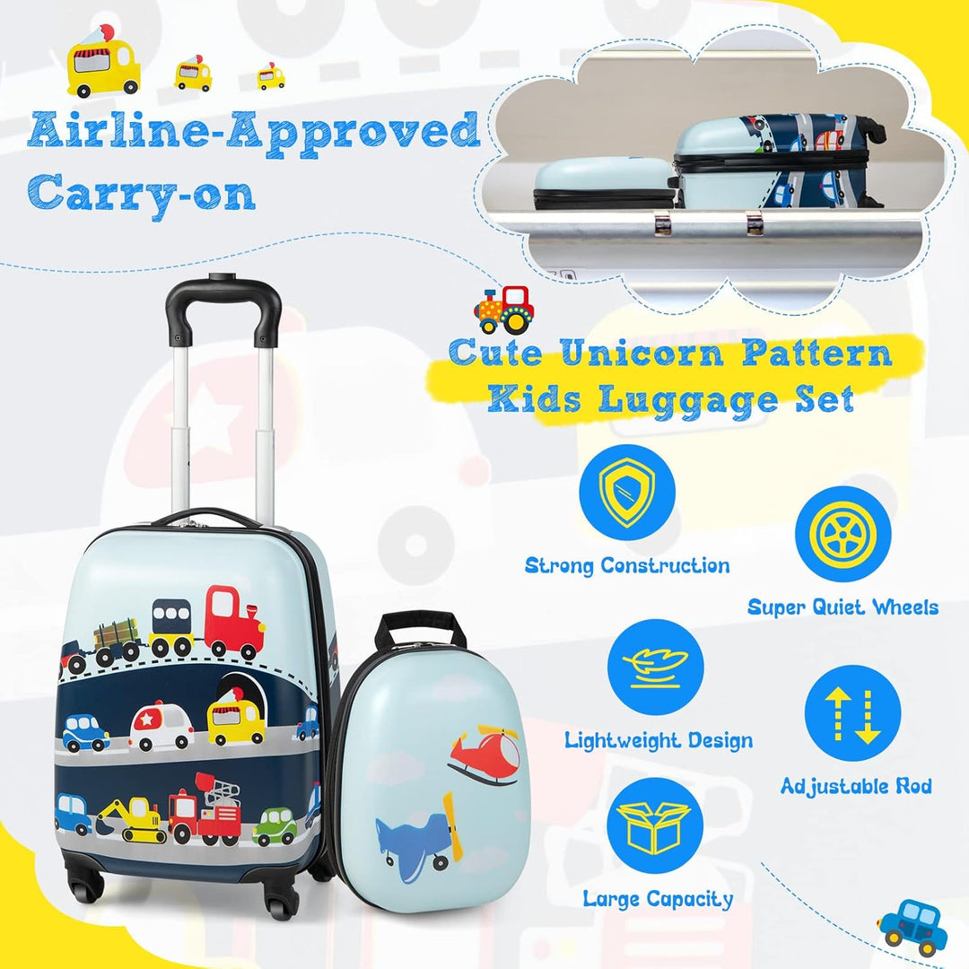 Gyermek 2 darabos kemény héjú bőrönd és hátizsák készlet 360°-os kerekekkel – Helikopter