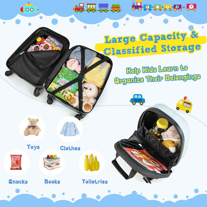 Gyermek 2 darabos kemény héjú bőrönd és hátizsák készlet 360°-os kerekekkel – Helikopter