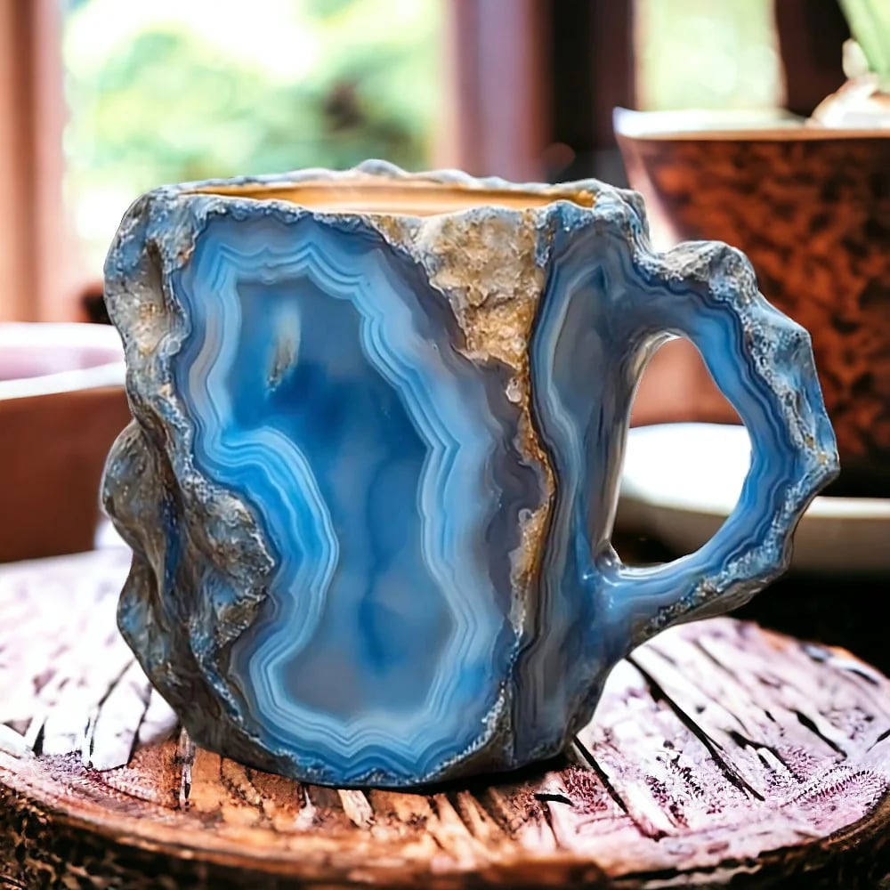 Blaue Achat-Tasse, geformt wie ein Kristall, auf Holztisch, einzigartiges Design, Kaffeetasse.