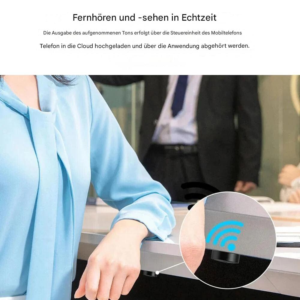 Frau in blauer Bluse mit Smartphone, WLAN-Symbol, moderne Technologie, Bürohintergrund.
