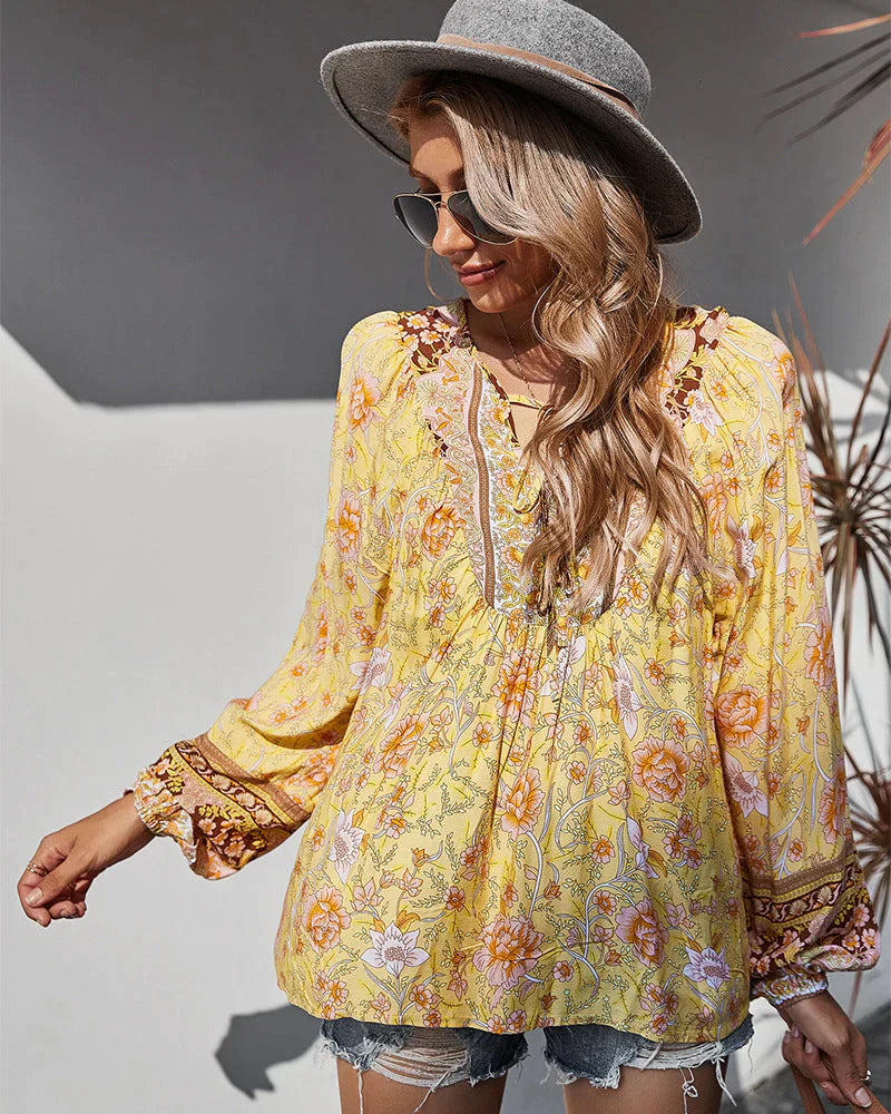 Vintage Boho nyári blúz virágmintával és hosszú ujjú – Sana