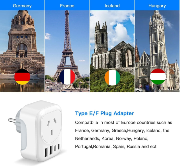1+1 INGYEN – AU az EU-ba utazó adapter 4 USB porttal (E/F típus)