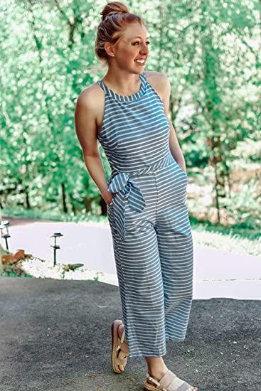 Csíkos női jumpsuit, átlapolós dekoltázzsal – Vivienne