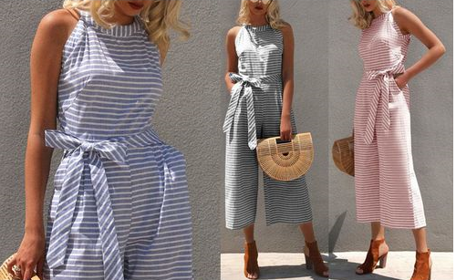 Csíkos nyári overall nőknek széles lábbal és V-nyakkal – Alina