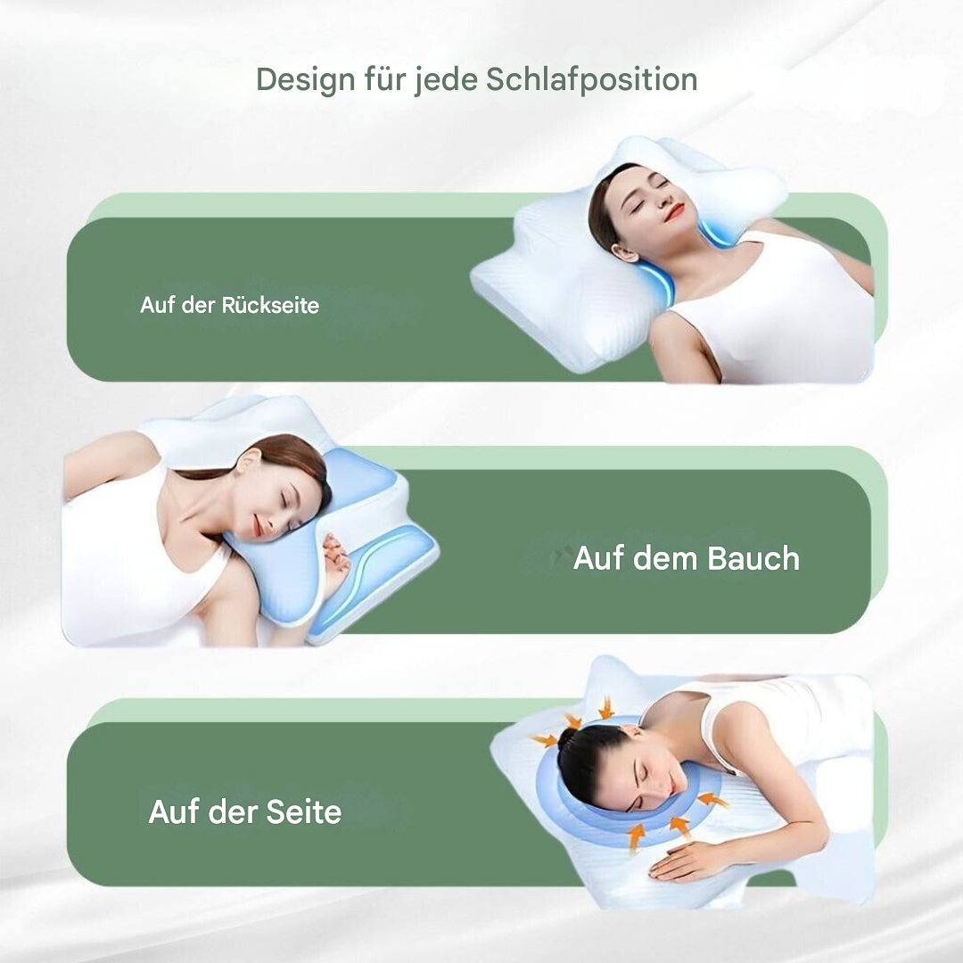 Orthopädisches Kissen für alle Schlafpositionen, ergonomisch, weiß-blau, Komfort, Unterstützung.