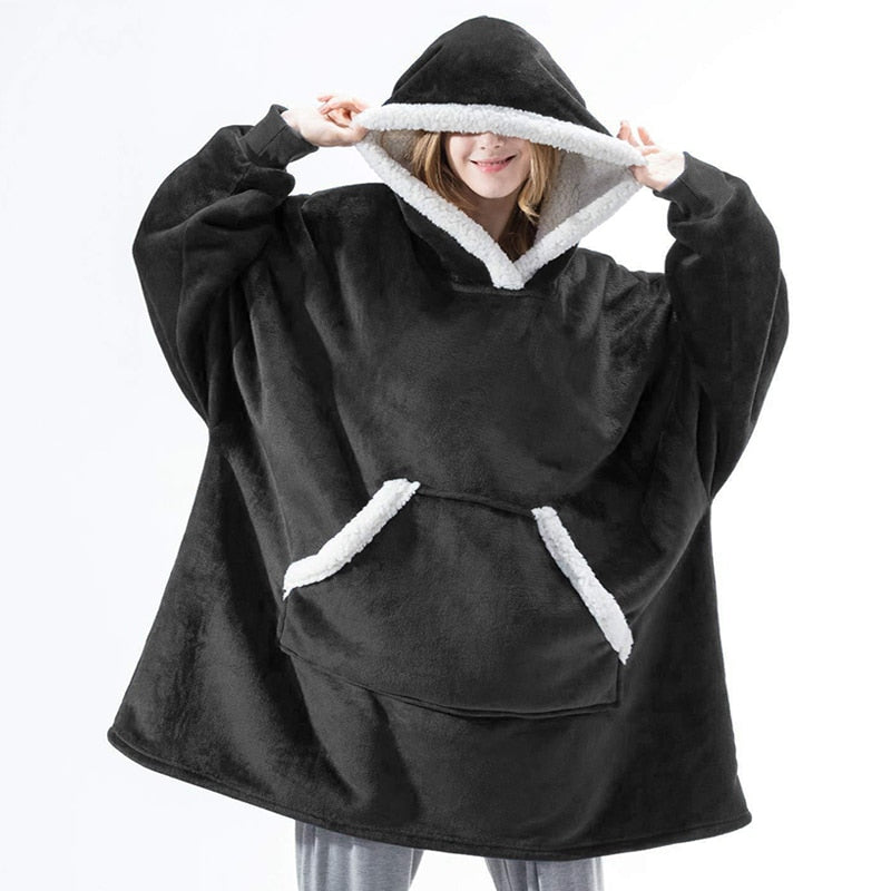 Flauschiger schwarzer Hoodie-Decke mit Kapuze, Kängurutasche, Unisex, gemütlich, warm.