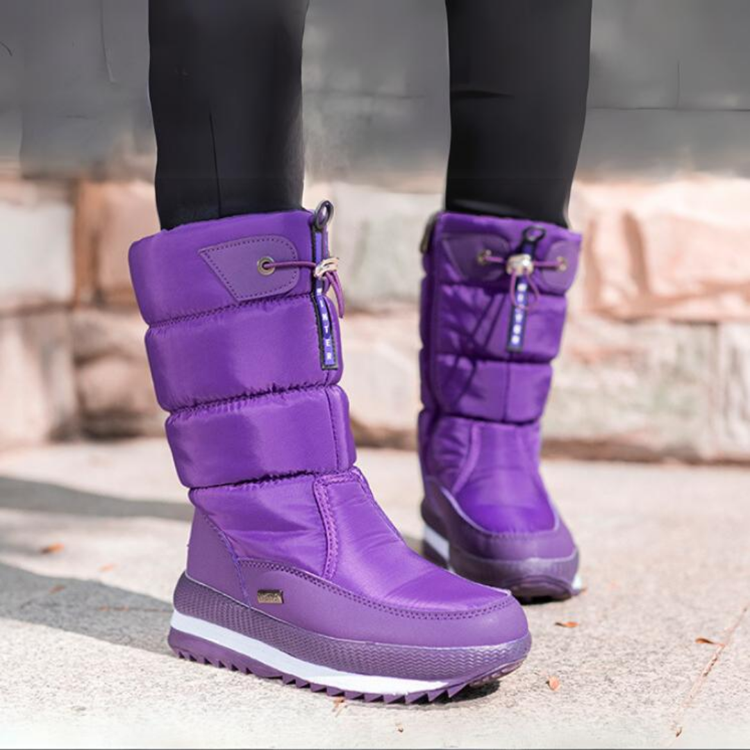 Lila Damen-Winterstiefel, wasserdicht, gefüttert, rutschfest, Outdoor, warm, bequem.