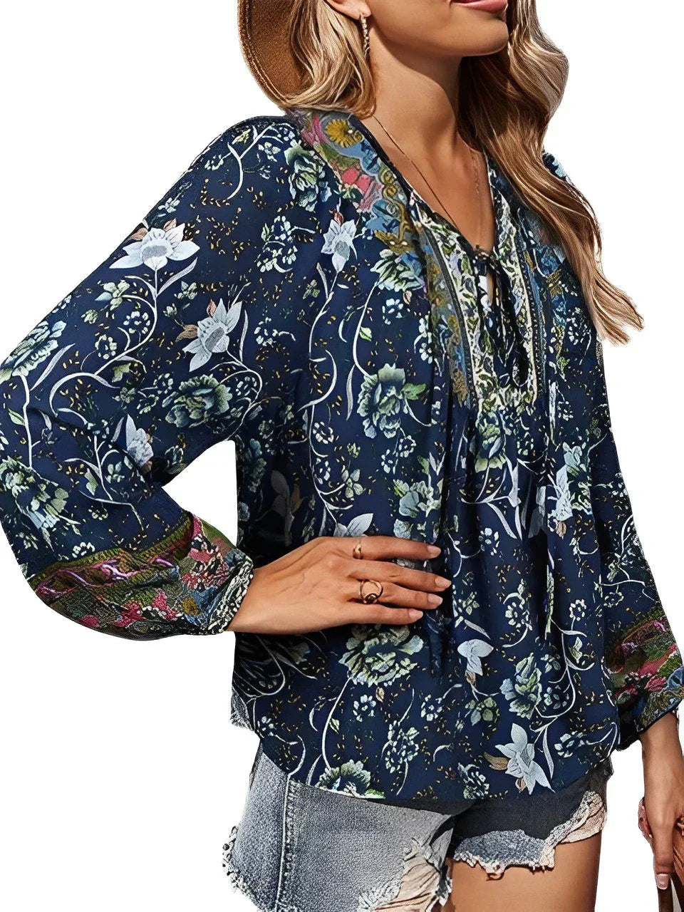 Vintage Boho nyári blúz virágmintával és hosszú ujjú – Sana