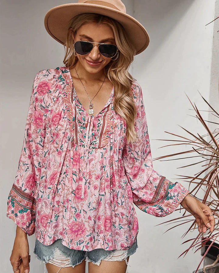 Vintage Boho nyári blúz virágmintával és hosszú ujjú – Sana