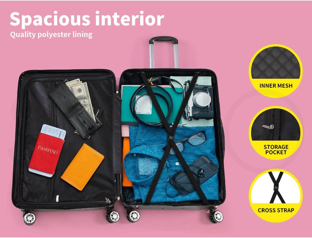 Kompakt és kemény héjú kézipoggyász bőrönd 360°-os forgó kerekekkel – Fekete