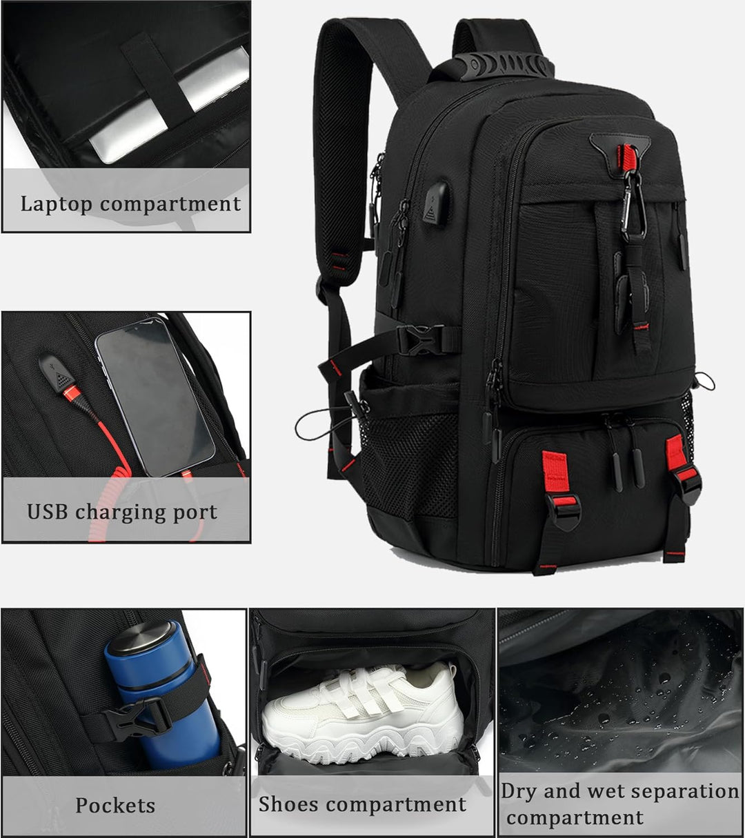 60L Vízálló Utazó Laptop Hátizsák USB-vel és Cipőtartóval