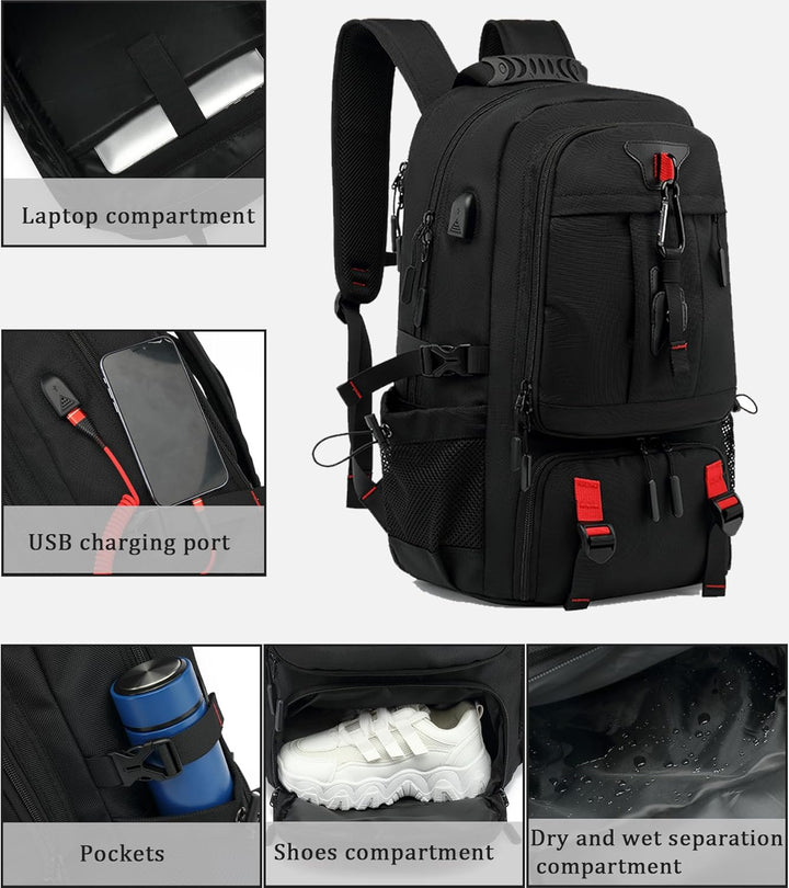 60L Vízálló Utazó Laptop Hátizsák USB-vel és Cipőtartóval