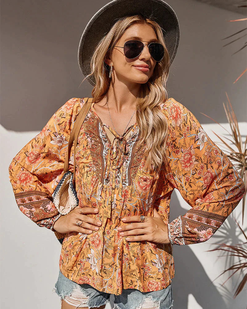 Vintage Boho nyári blúz virágmintával és hosszú ujjú – Sana
