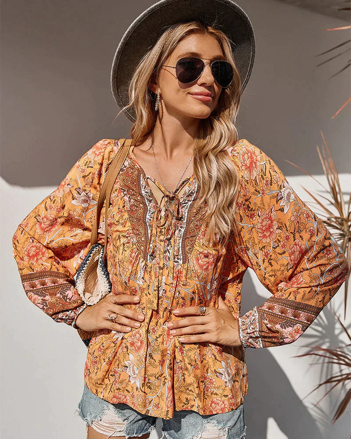 Vintage Boho nyári blúz virágmintával és hosszú ujjú – Sana